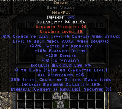 Dream Bone Visage – Ethereal – 20 Res/30% FHR/25% MF/220 Def – Perfect 1