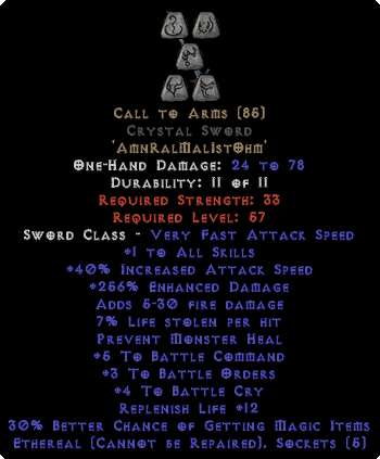 Call To Arms Crystal Sword Ethereal 1 3 BO Diablo 2 Resurrected 
